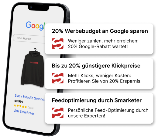 Smartphone zeigt CSS Shopping Beispiel; Kacheln mit Vorteilen durch CSS Partner Smarketer: 20% Budgetersparnis und günstigere CPC.